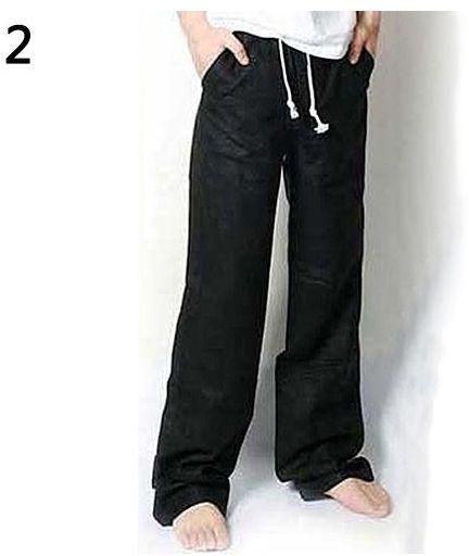 Sanwood Men's Fashion Casual Loose Drawstring Waist Solid Linen Trousers Beach Pants-Black