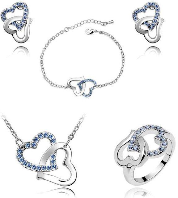 Blue Swarovski Crystal Element Jewelry Set Of Heart to Heart Design