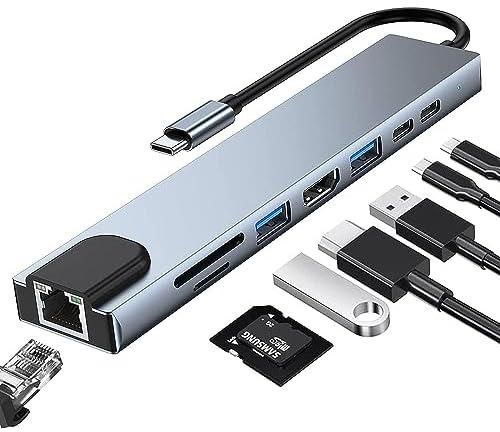 USB C Hub, 8 in 1 Type C Hub Multiport Adapter with 4K HDMI, PD Power Delivery, USB-C, Ethernet, 2 USB, SD/TF Card Reader Compatible with Mac Book Pro XPS and More Type C Devices