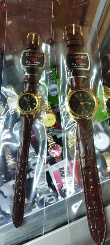 Casio LEATHER COUPLE WATCH - MTP 1183 BROWN LEATHER WATCH WITH BLACK FACE AND GOLD DIALS WITH GOLD FRAME HIS AND HERS - MAN'S WATCH AND WOMAN'S WATCH