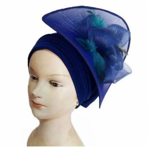 Ladies Turban Cap With Fascinator - BLUE