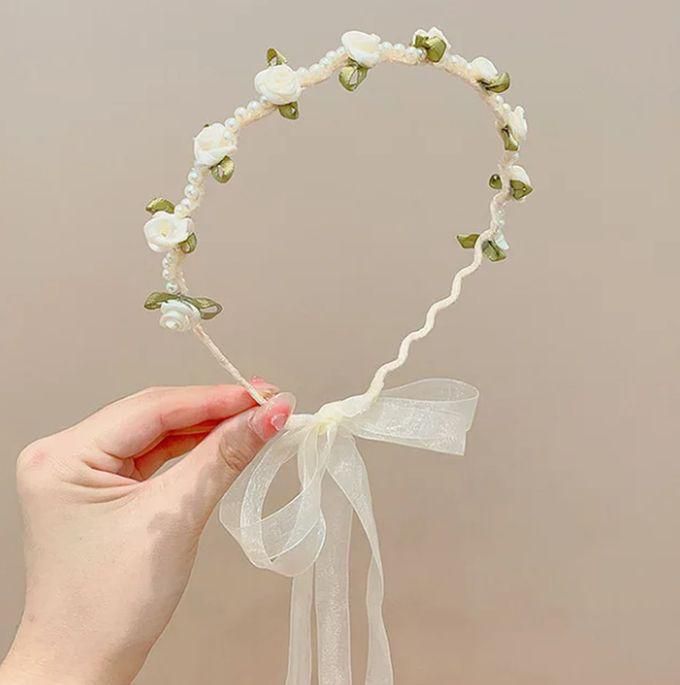 Elegant Wedding Princess Pearls Flower Headband For Girls Rose Long Satin Ribbon Hair Hoop - White
