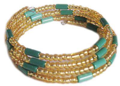Fashion Yellow Transparent Glass Seed Beads And Green Acrylic Beads Bracelet On Metal Spiral