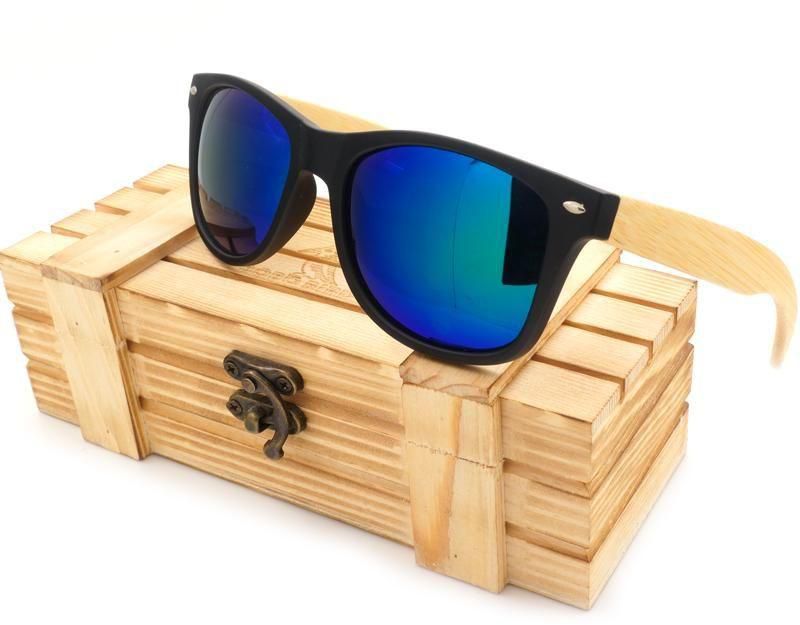 BOBO BIRD Vintage Black Square Sunglasses With Bamboo Legs Mirrored Polarized Summer Style Travel Eyewear Wood Box Blue