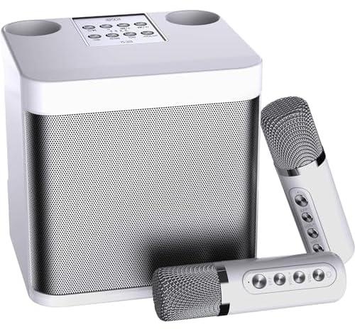 YS-203 Portable Wireless Bluetooth Karaoke Speaker Stereo Bass With Dual Microphones. White.