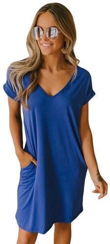 Casual Solid Short Sleeve T-Shirt Dress Blue