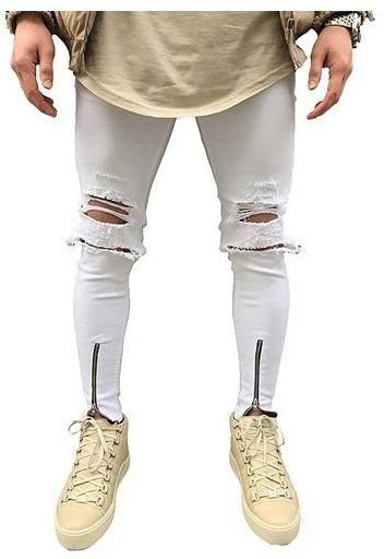 Fashion Men Street Hiphops Stretch Denim Pants - White