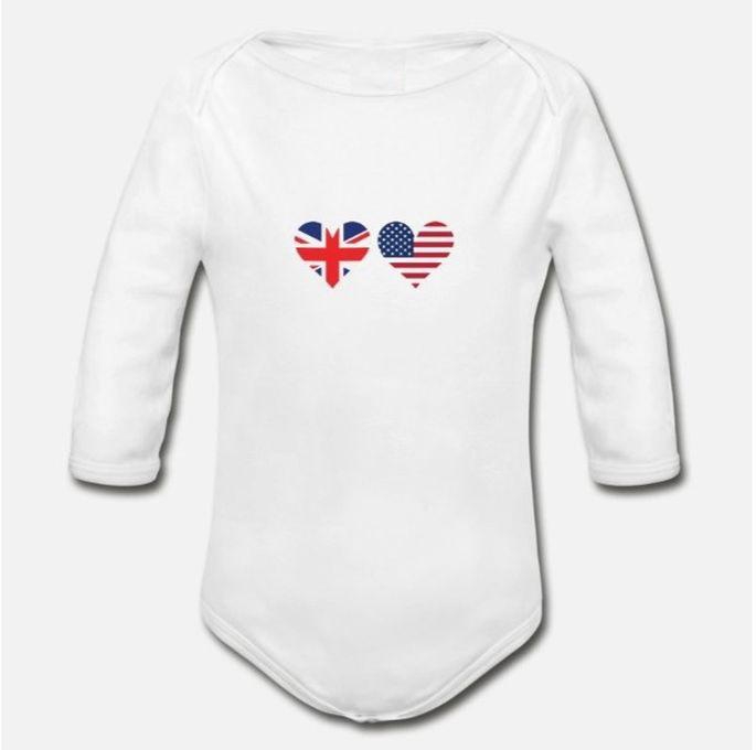 British American Flag Hearts Organic Long Sleeve Baby Bodysuit