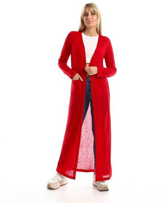 Kady Open Neckline Long Cardigan With Front Pockets - Red