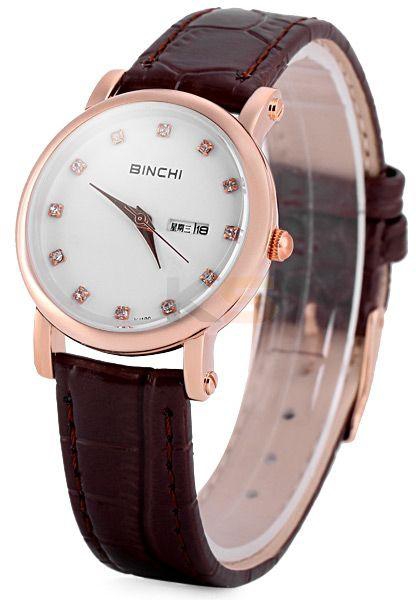 Binchi VJ100 Business Women Watch with 12 Diamond Dots Display Round Dial Genuine Leather Watchband