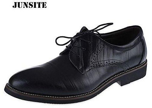 Generic Junsite Men Casual Brogues Pointed Toe Lace Up Leather Shoes Business Dress Oxfords Flats - BLACK