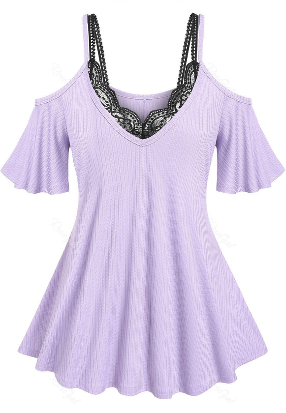 Plus Size & Curve Ribbed Open Shoulder T-shirt and Lace Bralette Top Set - 4x