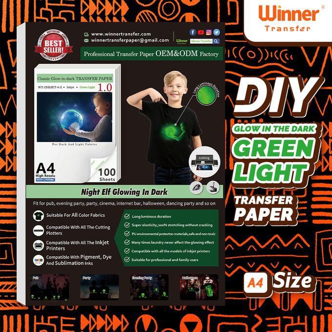 Winner Transfer Luminous Green Light 5 Sheets Iron On Heat Transfer Paper Printable Vinyl For Light & Dark Fabric