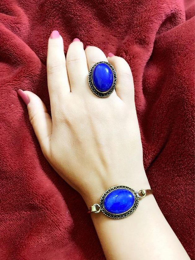 Bracelet & Ring Set Blue Gemstone Gold Plated Copper 2 Pcs Free Size