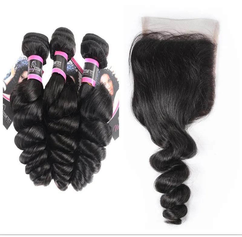 100% Human Hair Bundles Loose Weave Brazilian Virgin Human Hair 3 Bundles with 4*4 Lace Closure