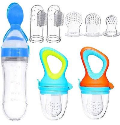 Baby Food Feeder Fresh Food Feeder Pacifier 3 Different Sized Silicone Teething Pacifiers 1 Pack Baby Food Dispensing Spoon 2 Pack Baby Finger Toothbrush Baby Feeders SiliconeBlue