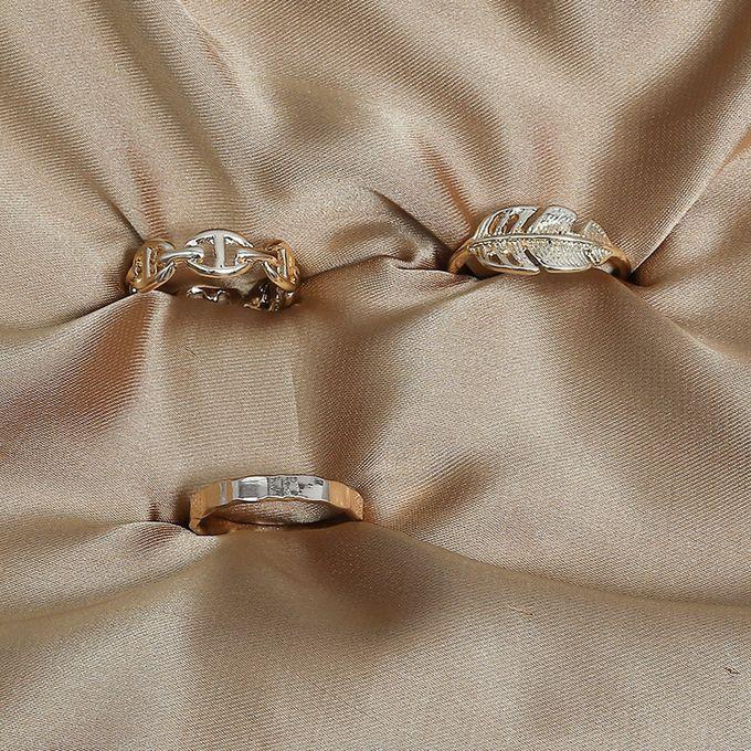fluffy women accessories Leaf Earing-Set Of Rings 3 Pcs Fluffy Women's Accessories-Gold