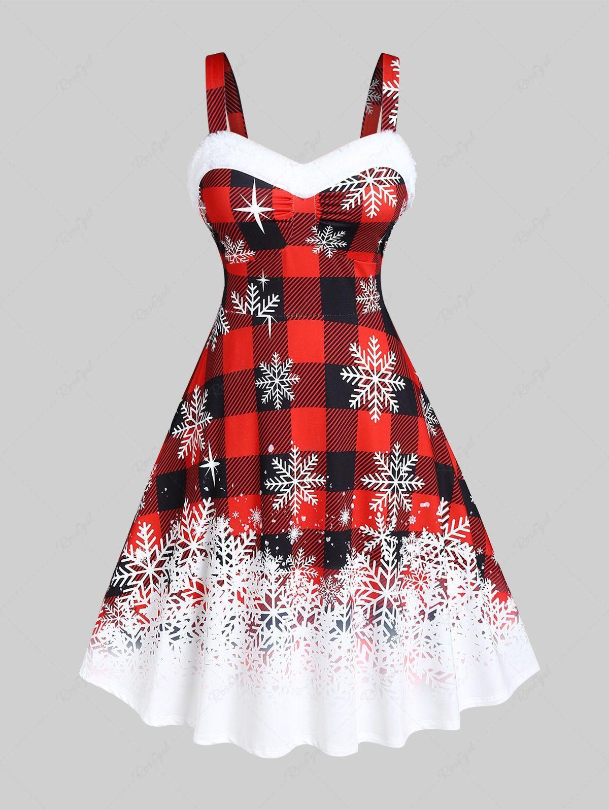 Plus Size Plaid Snowflake Print Christmas Midi Dress - 5x | Us 30-32