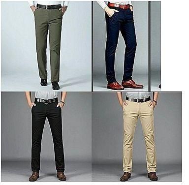 Four Pieces Smart Chinos Trousers For Men - Black + Navy Blue + Cream + Army Green