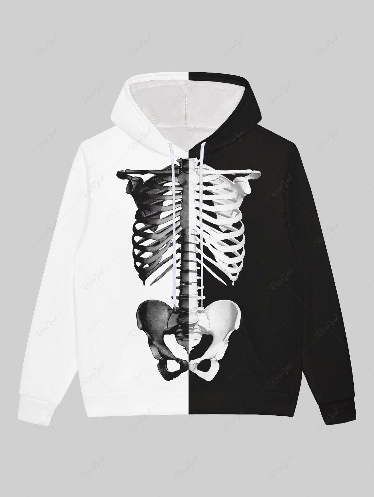 Gothic Halloween Colorblock Skeleton Print Drawstring Hoodie For Men - 6xl