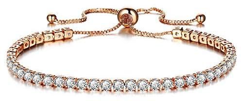 PRETTERY Adjustable White Gold Plated/Rose Gold Plated Cubic Zirconia Tennis Bracelet for Women Girls