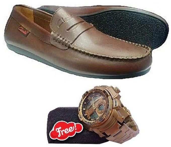 Clarks Classic Brown Loafers Shoes + Gold Watch