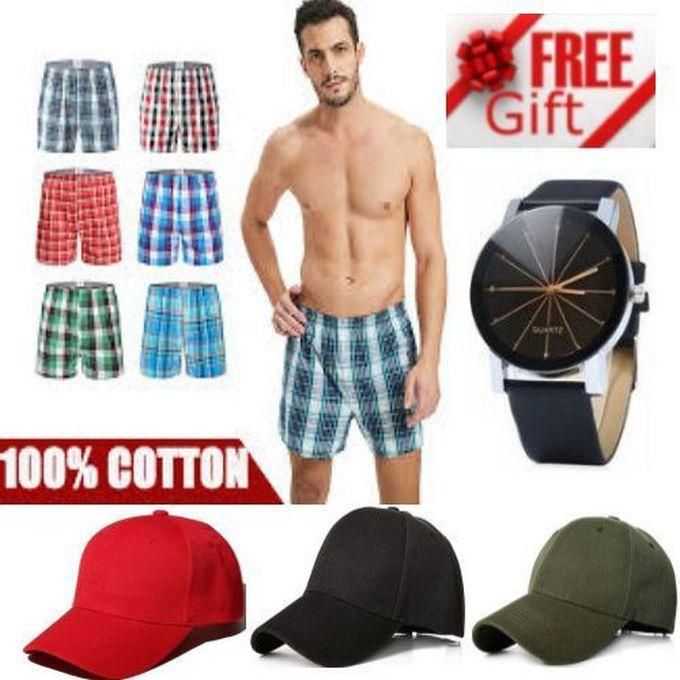 Fashion 3 Pack Men Quality Underwear Boxers Pure Cotton - Assorted + 3 Caps + Watch