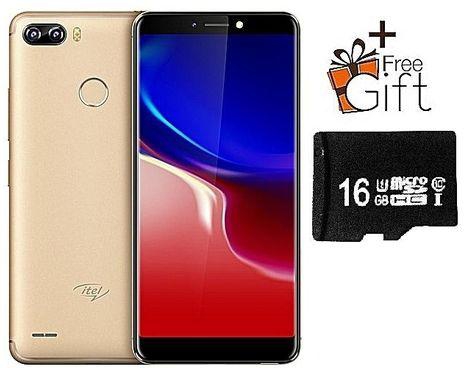 Itel P32 5.5" (1GB,16GB RAM) Android 8.1 Dual Camera, 4000mAh, Fingerprint Phone - Gold +Case +16GB Card