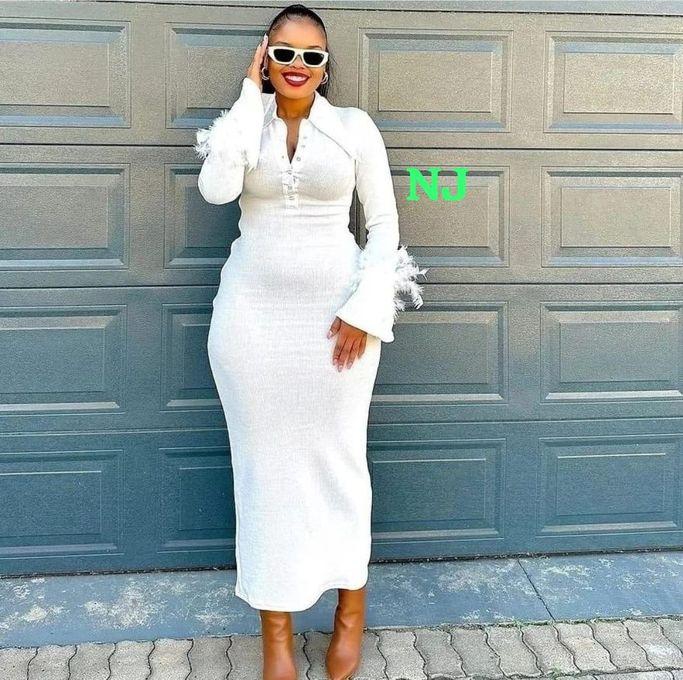 Fashion White Women's POLO Collar Maxi Dress Feather Flare Sleeves Single Breasted Long Sweater Dress