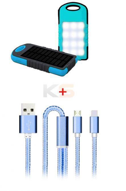 [2in1 Bundle] Solar with LED Light Power Bank 58,000 mAh + 2in1 Charging Cable for Android and iPhone - Blue Color