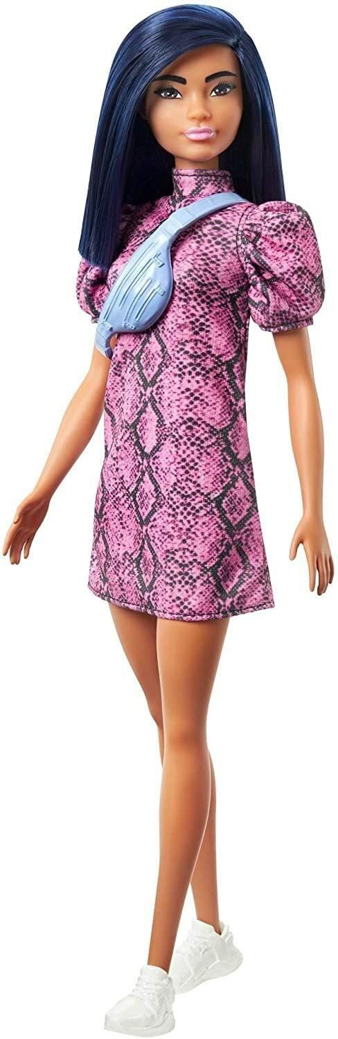 Barbie Fashionistas Doll #143 with Blue Hair and Pink &amp; Black Dress GHW57
