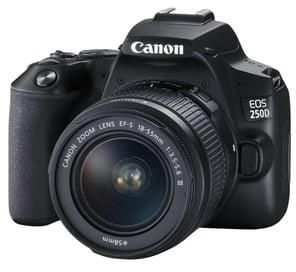 كاميرا رقمية كانون بعدسة أحادية عاكسة سوداء طراز EOS 250D مع عدسة كيت EFS ومحرك DC III.