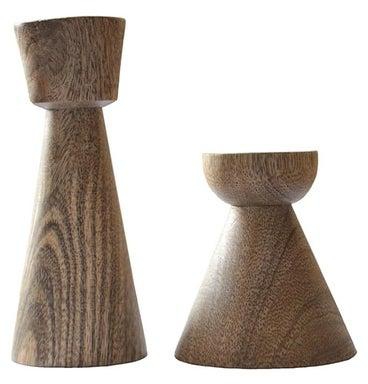 Momentum wood Candle holder mix between clindrycal shape & cone shape which gives a modern touch style set of 2 pieces with different sizes where they enjoy unique wood texture and shape.