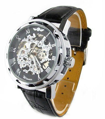 ESS Men's Black Leather Luxury Stainless Steel Skeleton Hand-Wind Up Mechanical Watch WM090