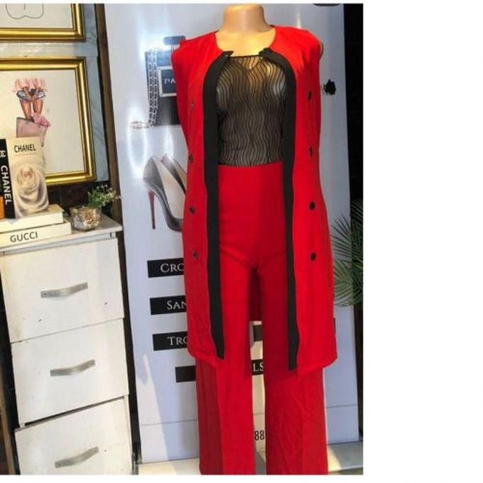 Sleeveless Two Piece Kimono Jacket/Trouser Set - Red/Black