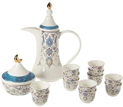 Istekana Cahwa,porcelain Arabic coffee set, with Dallah, and dates bowl lid, 16 pieces,decorated colored drawing., Assorted
