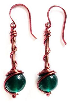 Copper and Stones Long Dangle Drop Earrings,Women earrings, earrings for women,earrings,earrings set unique,accessories,plated copper earrings (عقيق برازيلي زيتي)