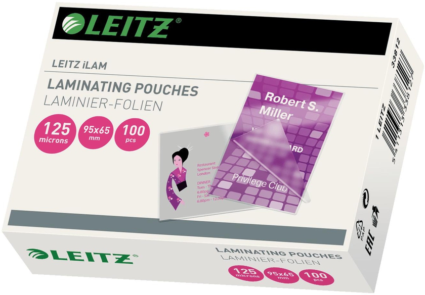 Leitz iLAM Hot Laminating Pouches 65 x 95 mm, 125 microns 100 Sheets