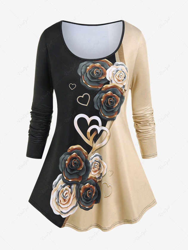 Plus Size Colorblock Rose Heart Print T-shirt - L | Us 12