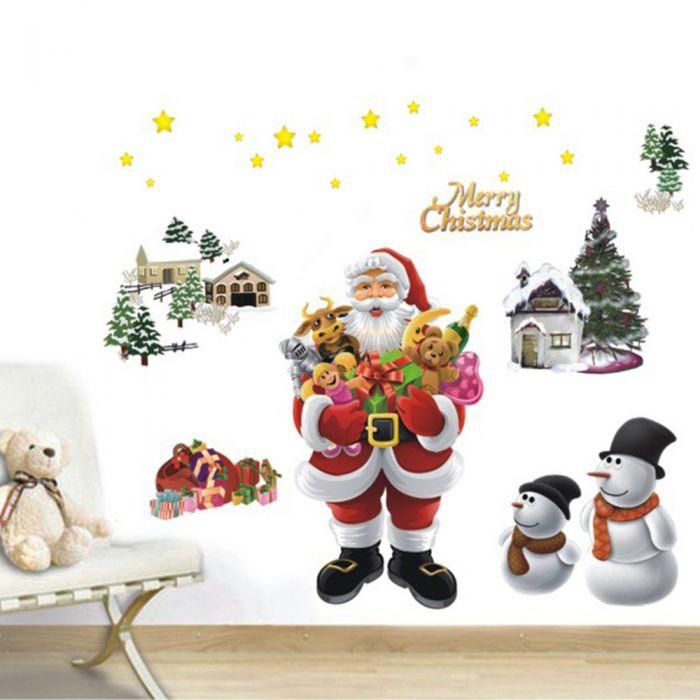 Instantly Removable Santa Claus Merry Christmas Wallpaper Stickers Wall Decal Multicolor
