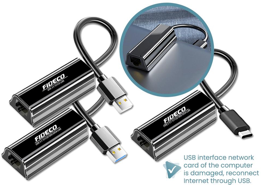Fideco USB 2.0 3.0 Type C To RJ45 Network Gigabit LAN Adapter - 3 Options