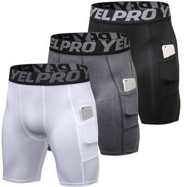 3-Piece Compression Side Pocket Workout Shorts Set Grey/Midnight Black/Pearl white