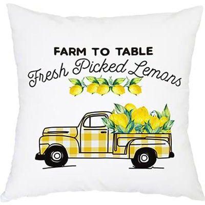 غطاء وسادة ديكور بتصميم سيارة مخططة بلون أصفر وطبعة عبارة "Farm To Table Fresed Lemons" منتج متعدد الألوان