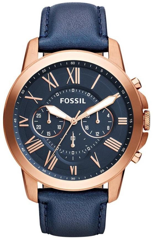 Fossil Men's Leather Watch Grant Chrono FS4835 (Navy Blue/Rose Gold)