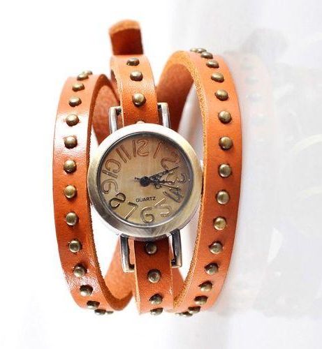 Women's  Genuine Round Rivet Cow-Leather ORANGE Bracelet Vintage Watch(4011)