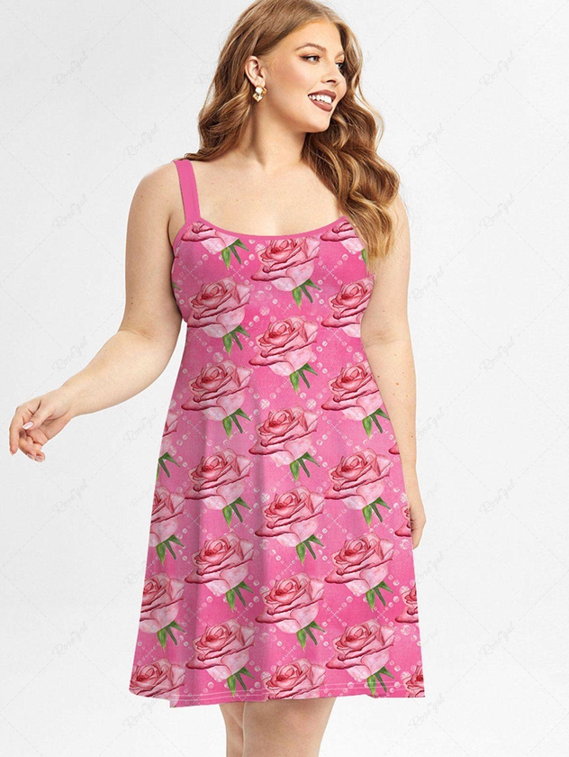 Plus Size Valentine Day Rose Print Sleeveless A Line Dress - 5x | Us 30-32