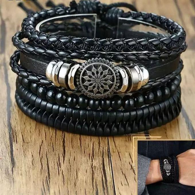 4pcs Leisure Braided Adjustable Leather Bracelet-Black
