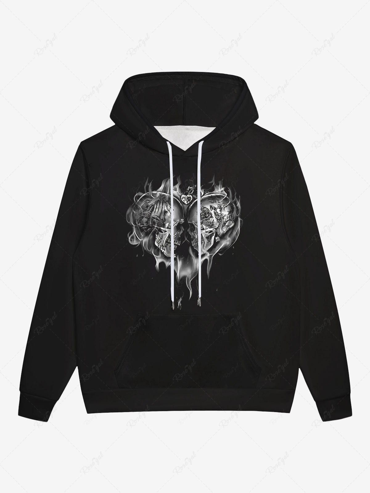 Gothic 3D Skulls Fire Flame Heart Print Pocket Drawstring Fleece Lining Halloween Pullover Hoodie For Men - 2xl