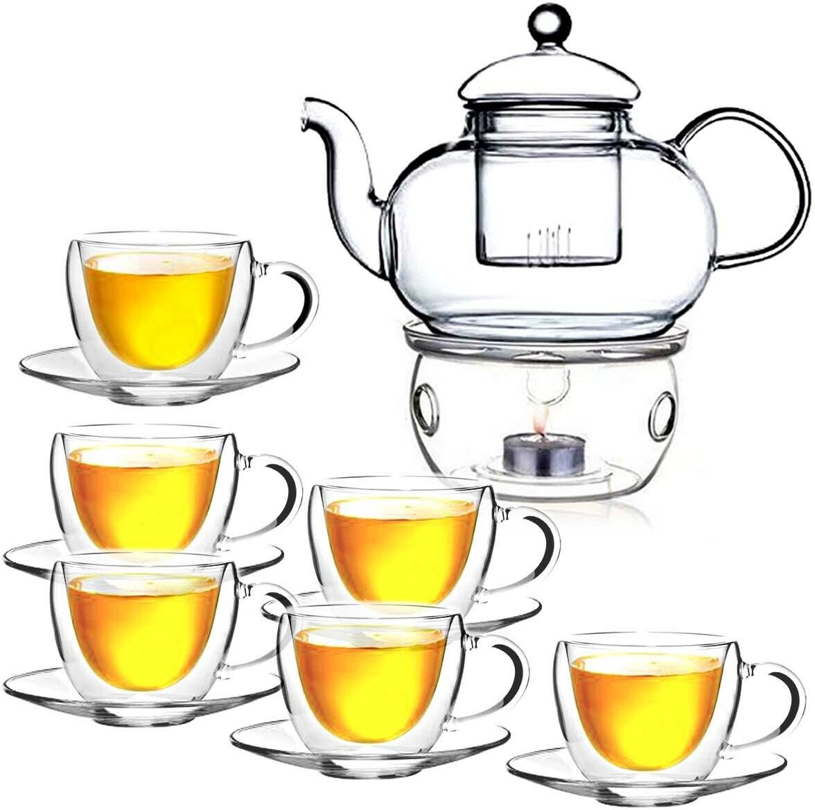 LIYING Double Wall Glass Teapot Set Combined With  Teapot 1 x 600ml ,1 Candle Warmer ,  Clear Classic designedTeacups and Sauce [6 x 120ml], Heat-resistant Stovetop Dishwasher Safe Teapot with Removab