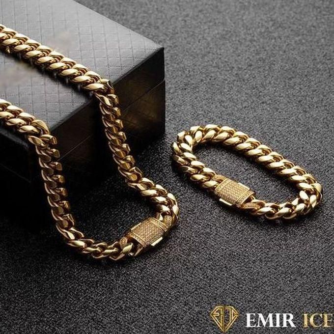 CUBAN LINK YELLOW GOLD NECKLACE AND BRACELET SET